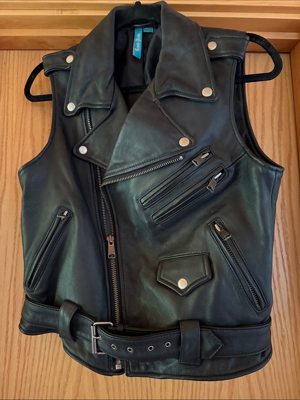 Black Leather Moto Vest with Belt